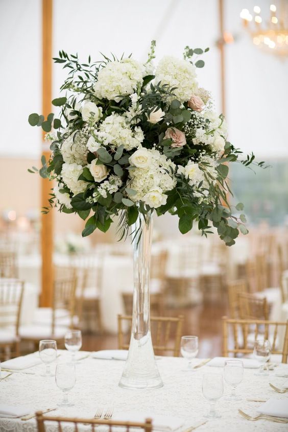 White Radiance: Tall Rose and Hydrangea Centerpiece